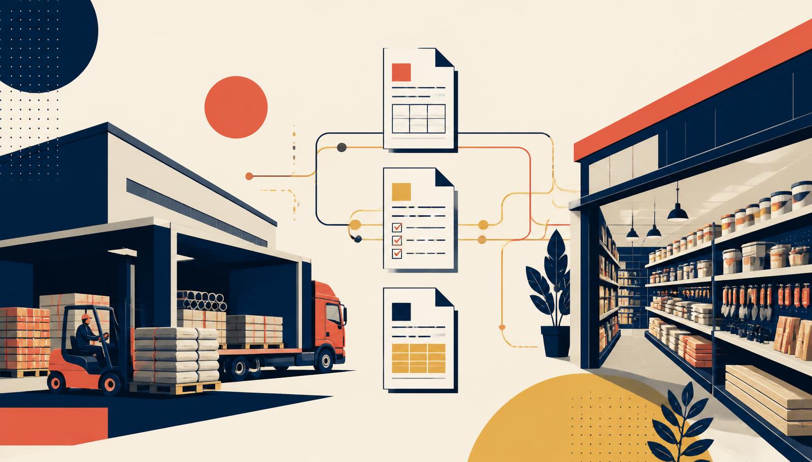 Depozit de furnizor conectat prin documente electronice la un magazin de bricolaj — ilustrație a fluxului EDI dintre furnizor și retailer